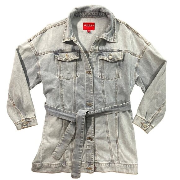 Guess Denim Jacket Womens S Blue Casual‎ Belted Utility Coat 100% Cotton Pockets - Picture 1 of 7
